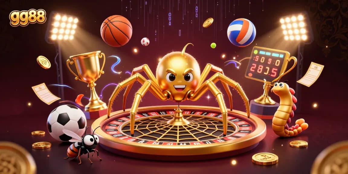 Engage with gg88's thrilling betting experience alongside a spider and centipede in a dynamic casino scene.