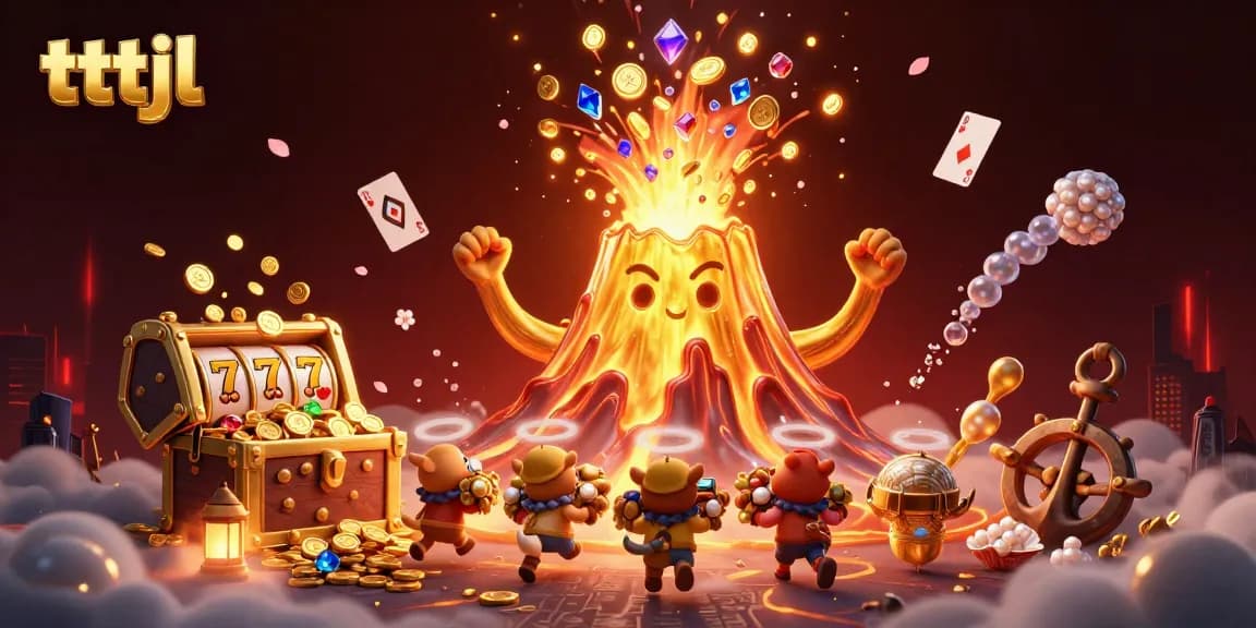 Experience thrilling action with tttjl, featuring a triumphant volcano erupting coins, gems, and lucky symbols.