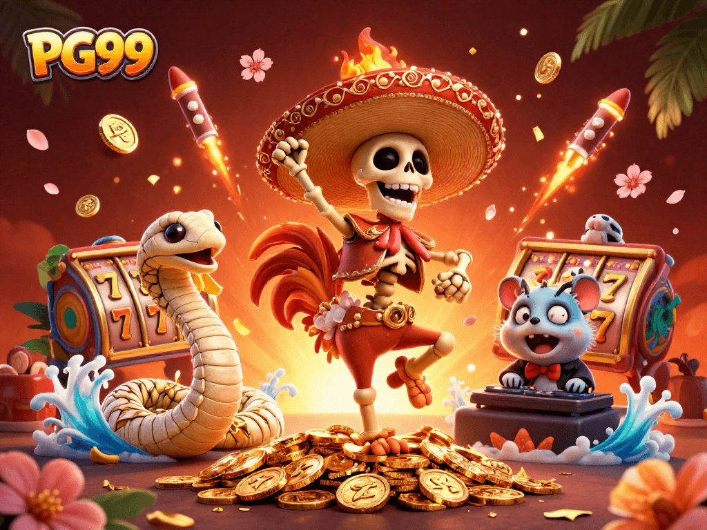 Spin and win big at PG99 featuring a festive 3D scene with lucky symbols and vibrant characters.