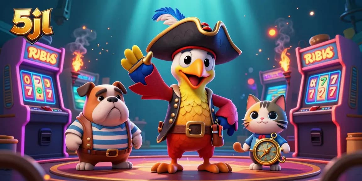 Engaging 5jl casino scene featuring a pirate captain parrot, bulldog, and ship's cat amidst vibrant slot machines and arcade elements.