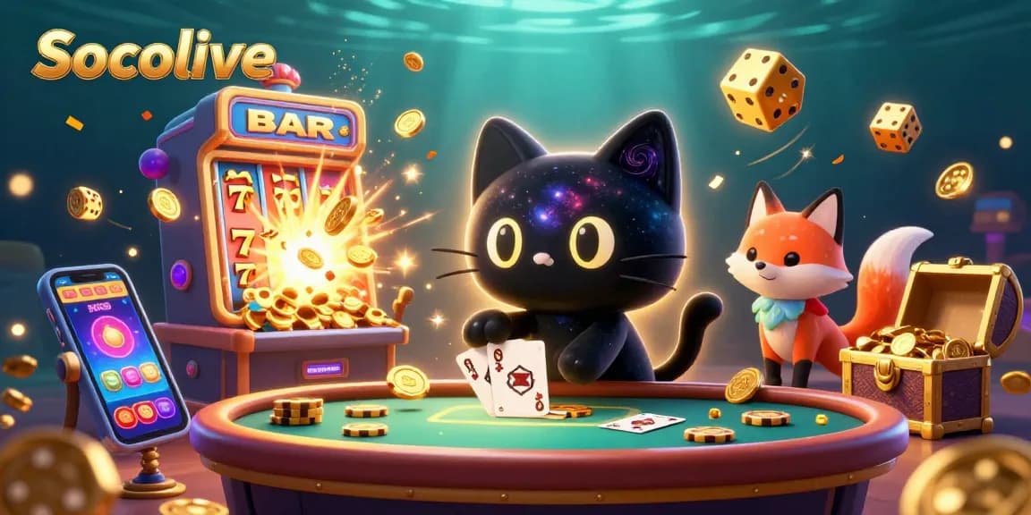 Socolive showcases a cosmic casino scene with vibrant characters and exploding jackpots, perfect for online gaming.