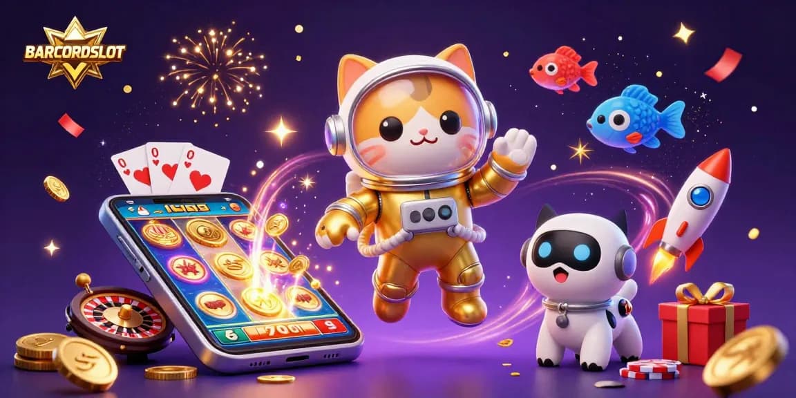 Engage with BARCODESLOT's thrilling slot game experience featuring a dynamic 3D astronaut cat, robot dog, and magical elements.