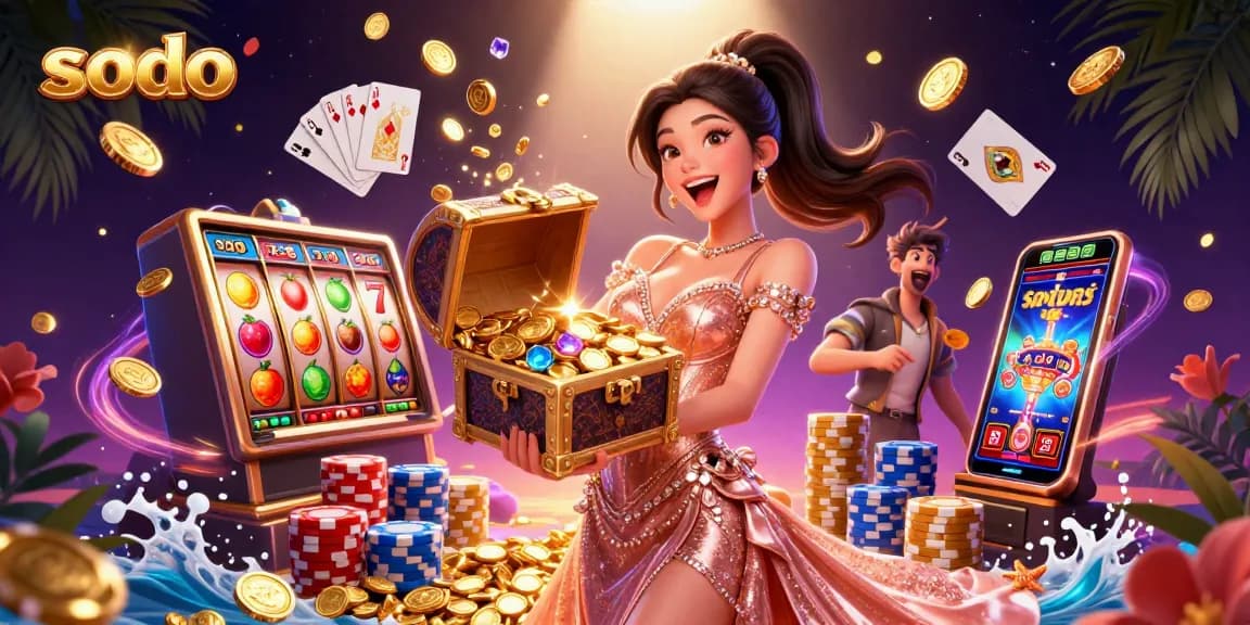 Sodo casino's engaging slot gaming experience features a beautiful Asian woman presenting treasures amidst dynamic casino elements.