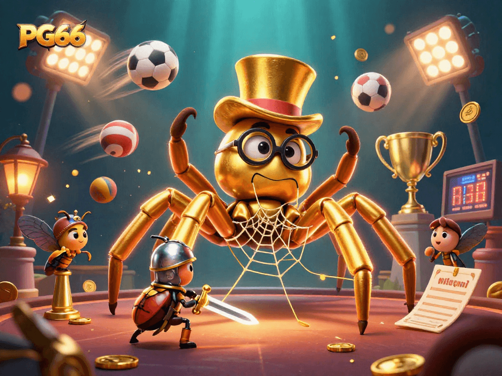 Place bets on exciting games at PG66 with a dynamic 3D casino scene featuring vibrant characters.