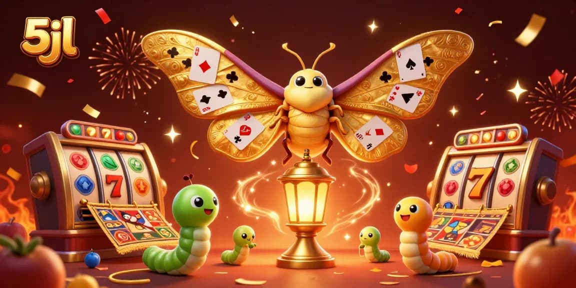 Experience the excitement of 5jl casino adventures with a vibrant 3D moth and golden symbols.