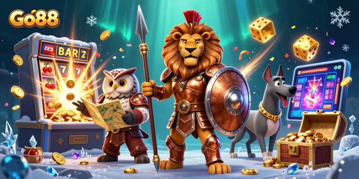 Experience thrilling gaming action at Go88 with vibrant slot machines and fantasy characters.