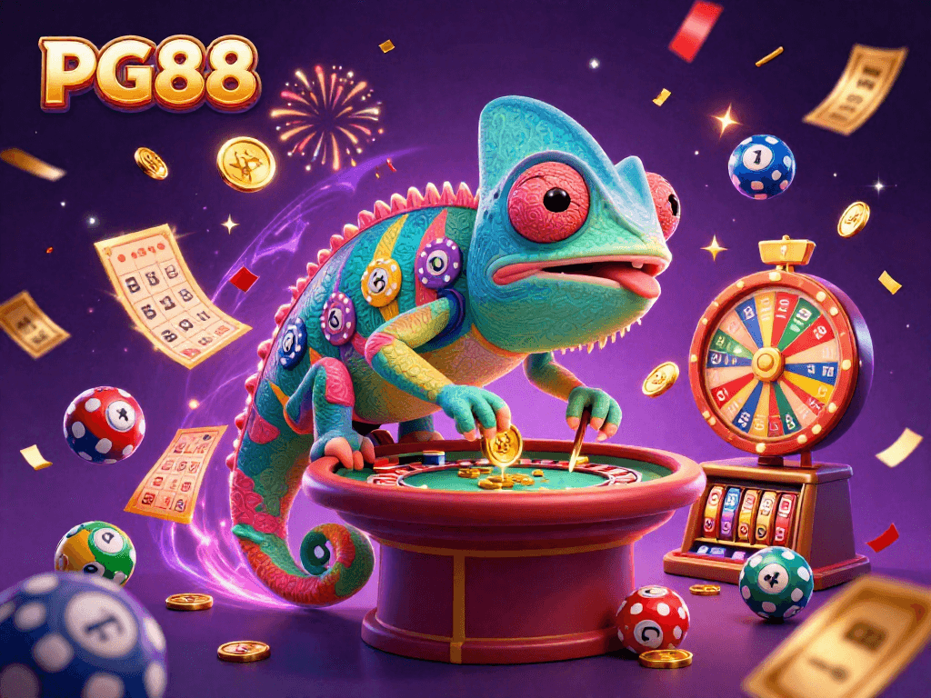 Experience the excitement of PG88 with a vibrant 3D casino scene filled with dynamic elements.