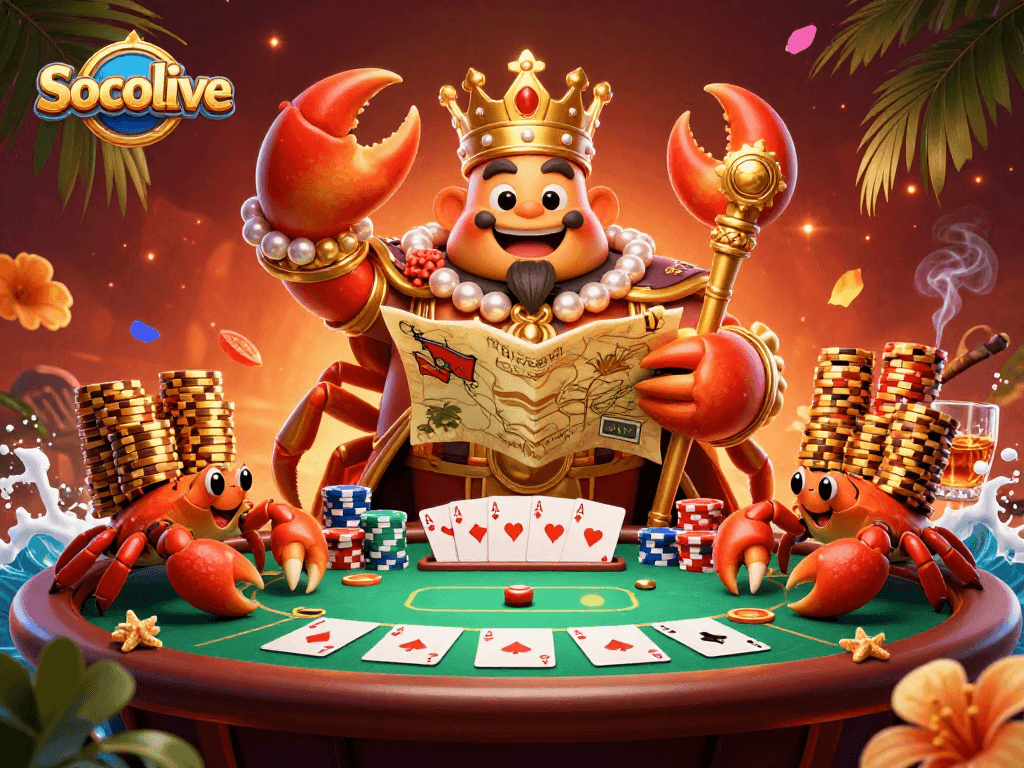 Socolive poker scene featuring a golden crab emperor and colorful poker chips, maximizing excitement.