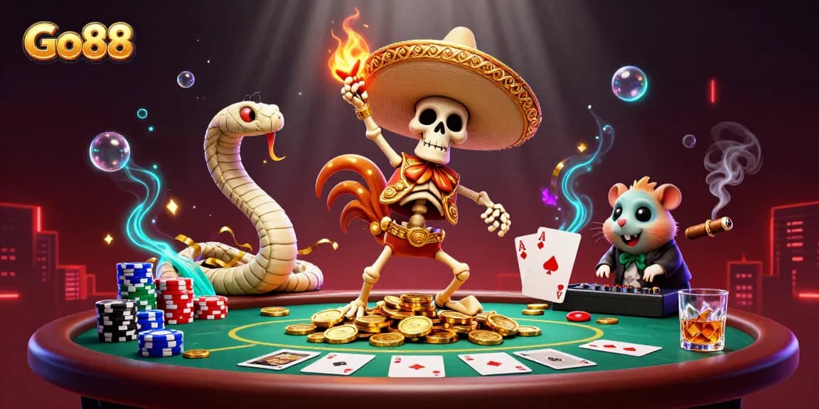 Go88 offers thrilling gaming experiences with vibrant characters and casino elements celebrating big wins.
