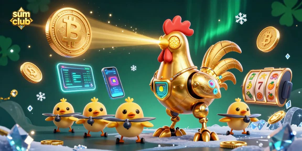 Experience thrilling gameplay in the sum club with golden rooster robot and crypto elements.