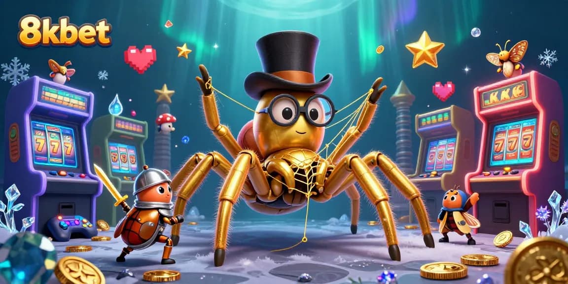 Engage in exciting games at 8kbet featuring a golden tarantula weaving a web of jackpot slots.