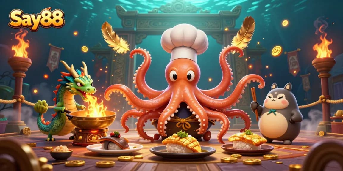Experience the excitement of Say88 with a vibrant 3D casino scene featuring characters preparing gourmet dishes.