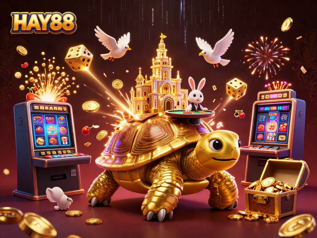 Engage in thrilling gameplay at HAY88 with golden tortoise casino scene bursting with excitement.