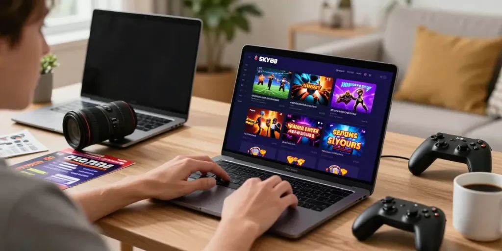 User engaging with the SKY88 online gaming platform on a laptop in a cozy home setting.