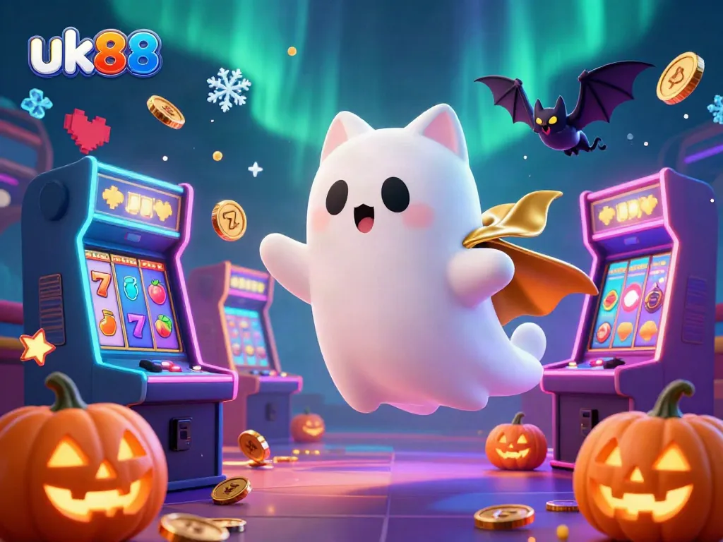 Experience thrilling slots and casino games with uk88 in this vibrant, ghostly casino scene.