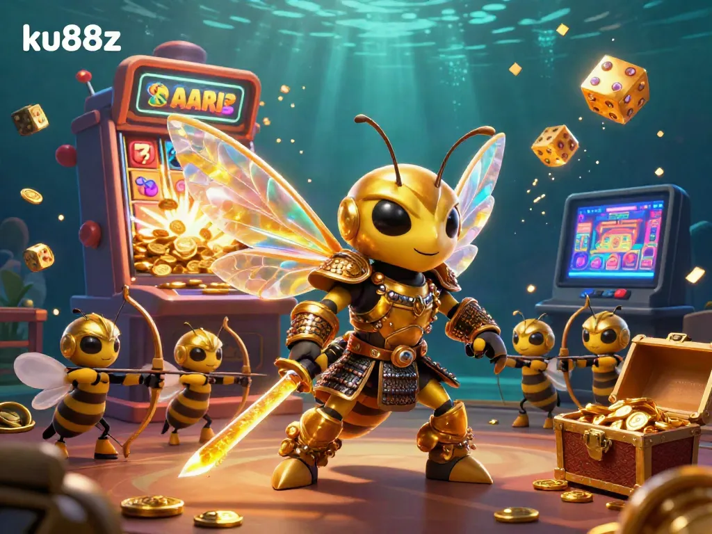 Experience thrilling wins at ku88z with a golden hornet in samurai armor amidst a vibrant casino scene.