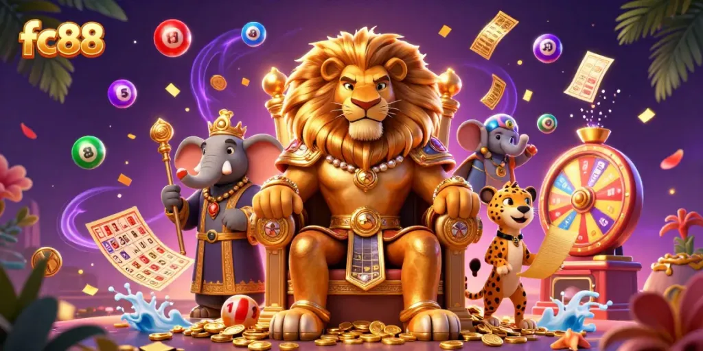 Experience excitement with the royal lion king at fc88 amidst vibrant gambling elements