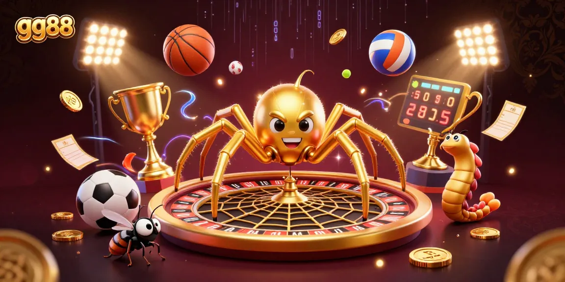 Engage with gg88's thrilling betting experience alongside a spider and centipede in a dynamic casino scene.