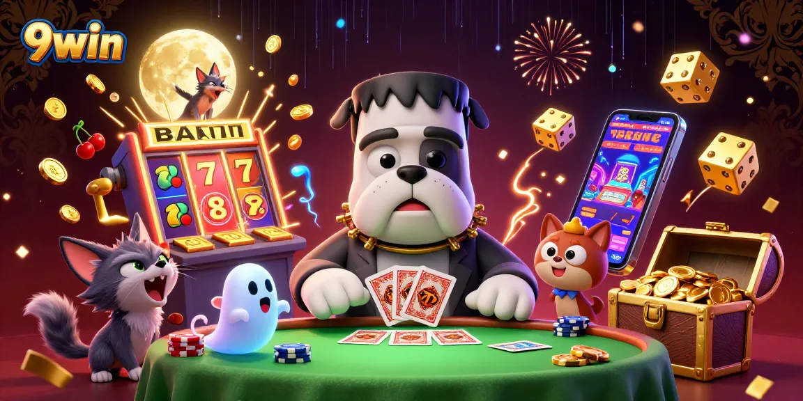 9win characters deal cards at a spooky table, surrounded by winning slot machine elements.
