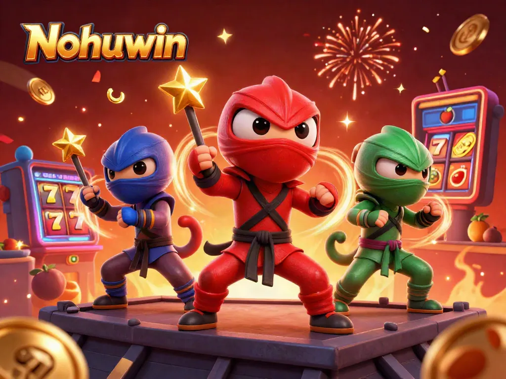 Nohuwin gladiators celebrate a jackpot win with colorful slots and exciting casino elements.