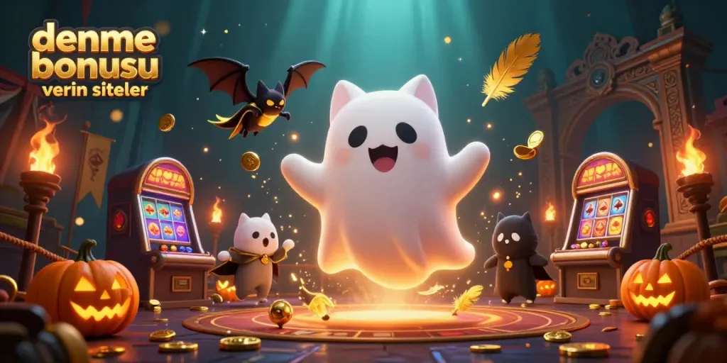 Experience the excitement of deneme bonusu veren siteler with a ghost cat and glowing jack-o-lanterns in this vibrant casino scene.