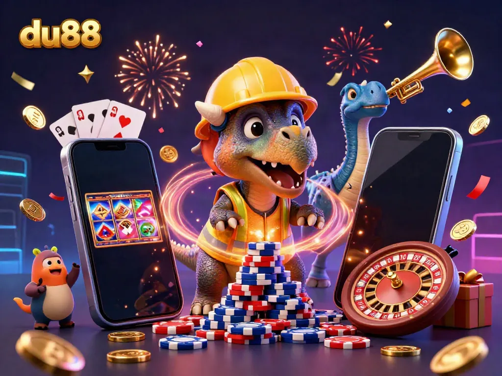 Experience excitement at du88 with a 3D triceratops and friends celebrating a successful game.