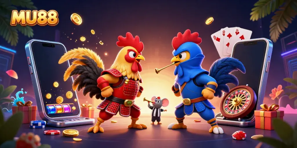 Impressive MU88 illustration showcasing fighting roosters and vibrant casino elements for online gamers.