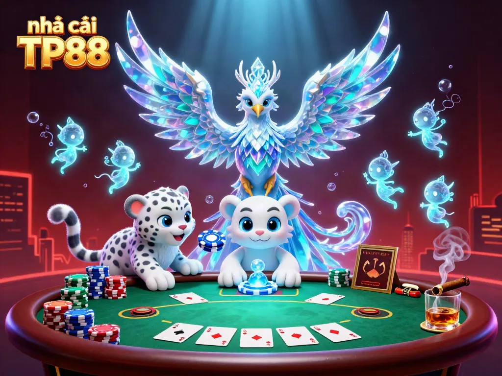 Engage with the vibrant world of Nhà cái TP88 through a 3D casino scene filled with animated characters and dynamic poker elements.