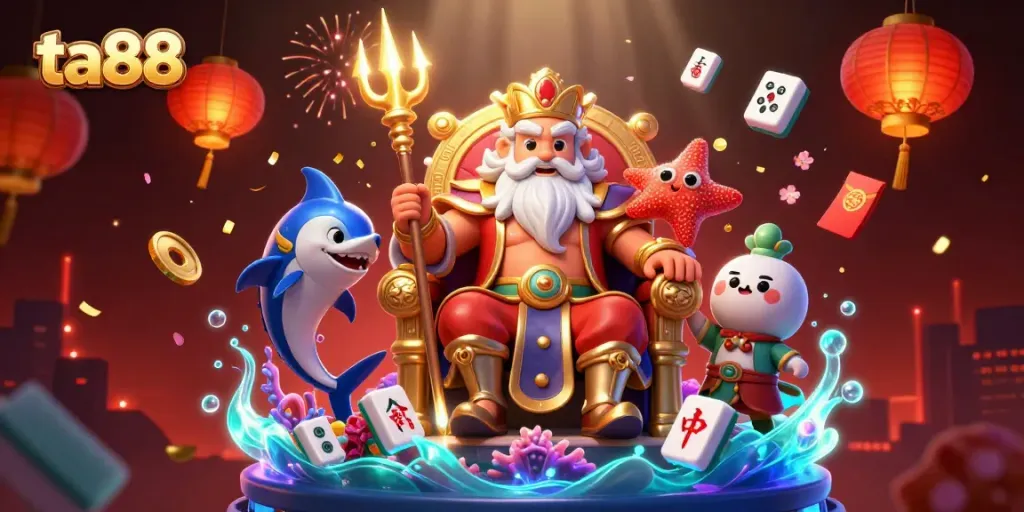 Experience the thrilling atmosphere of ta88 with Neptune, samurai, and festive gambling elements.