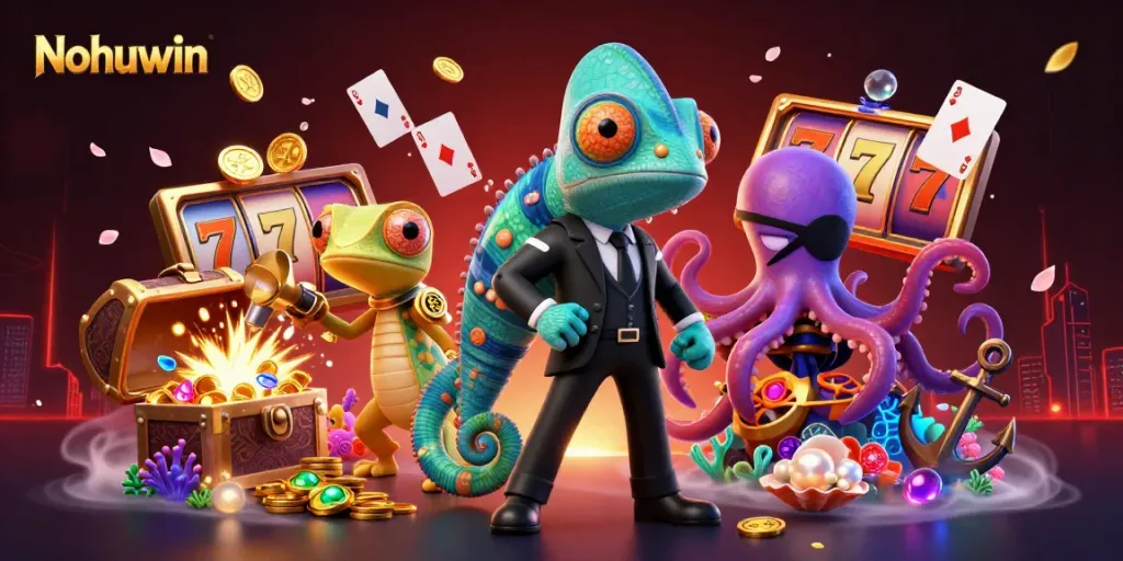 Nohuwin celebrates wins with thrilling slot action amidst colorful 3D characters and treasures.