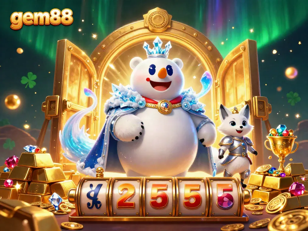 Experience the excitement of gem88 with an ice king polar bear and a snow fox surrounded by riches