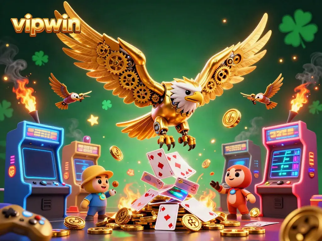Experience the excitement of vipwin with 3D golden eagle soaring through holographic cards, symbolizing fast-paced casino games.