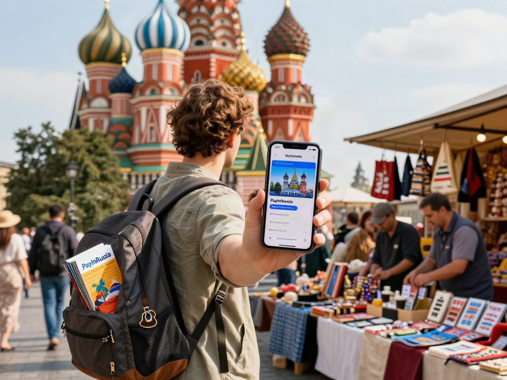 PayInRussia uygulaması ile yerel marketlerde alışveriş yapan bir turistin görüntüsü.