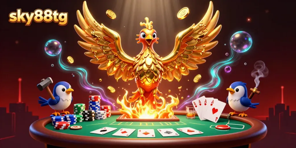 Engage with sky88tg's dynamic casino scene featuring a molten phoenix amid poker elements and glowing effects.