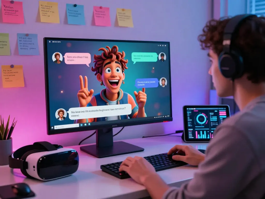 Experience spicy AI interactions in a vibrant tech workspace with colorful visuals.