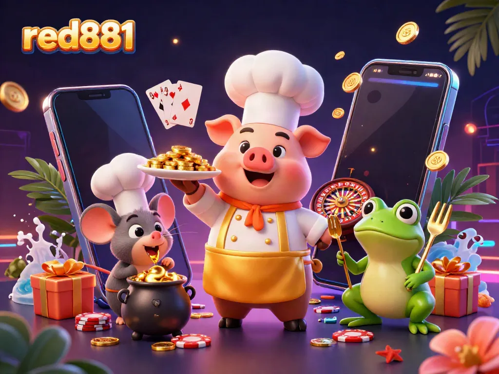 Experience the exciting world of red881 as a chef pig serves gold coins, surrounded by vibrant casino elements.
