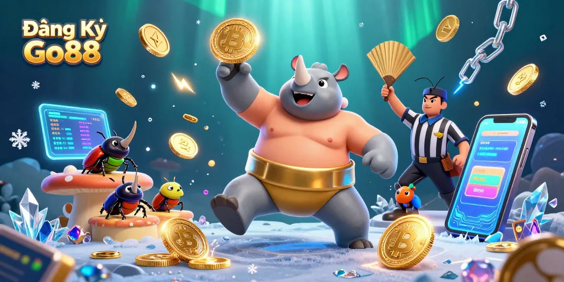 Experience thrilling gameplay with Đăng Ký Go88 amidst gold coins and neon crypto elements in this vibrant scene.