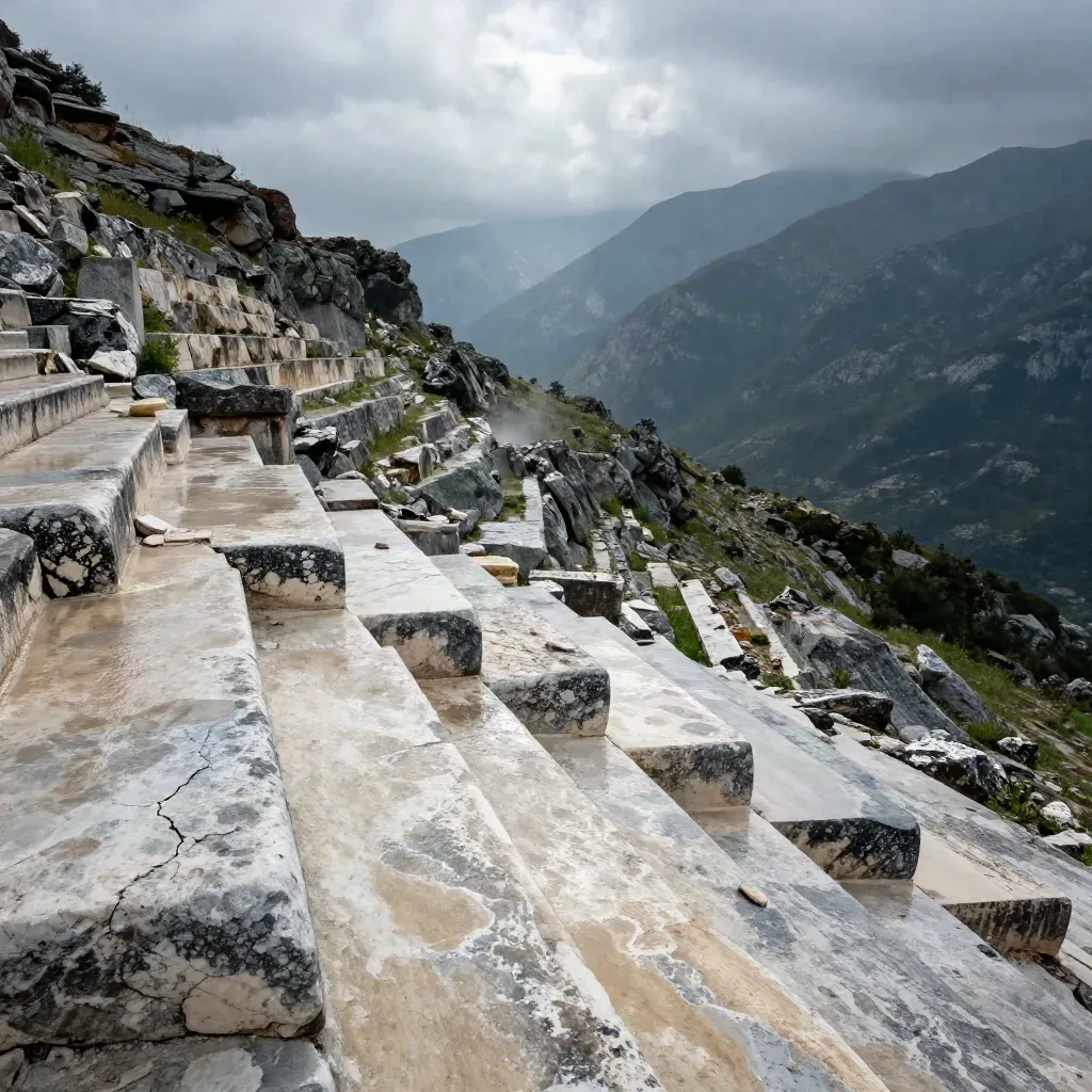 Sagalassos yamaçlarında yağmur sonrası ıslanmış traverten basamaklar ve sisli vadi