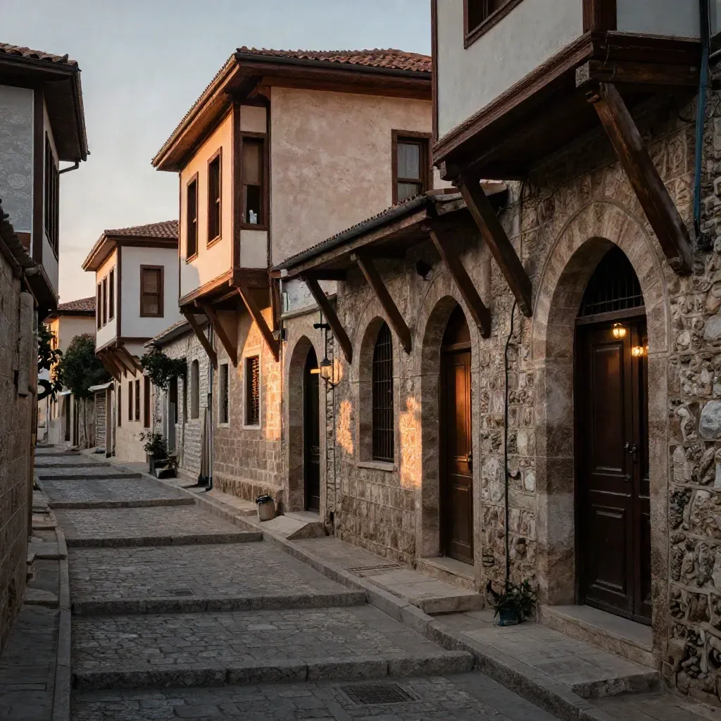 Mardin’de taş sokak, ahşap cumbalar ve akşam ışığıyla dar bir tarihî geçit.