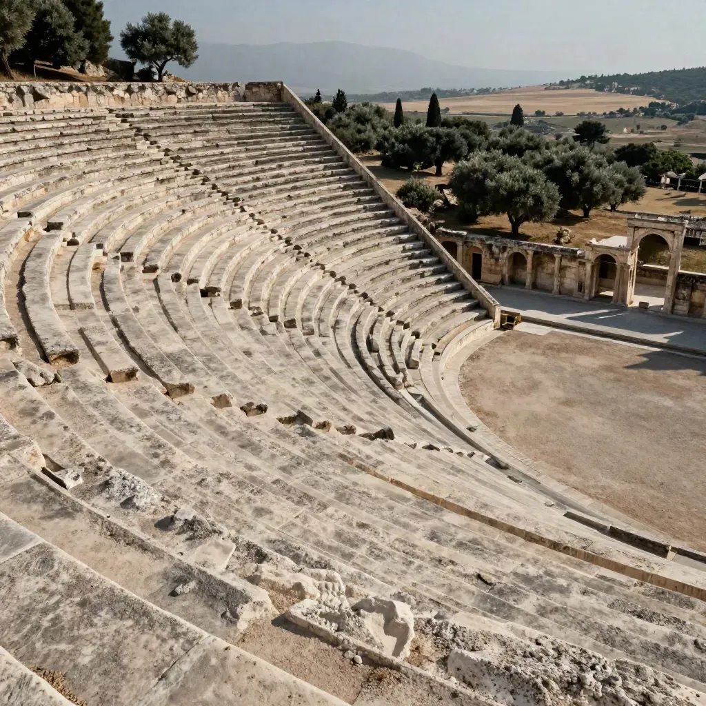 Kibyra’da yarım daire stadyum basamakları ve ovaya bakan geniş manzara