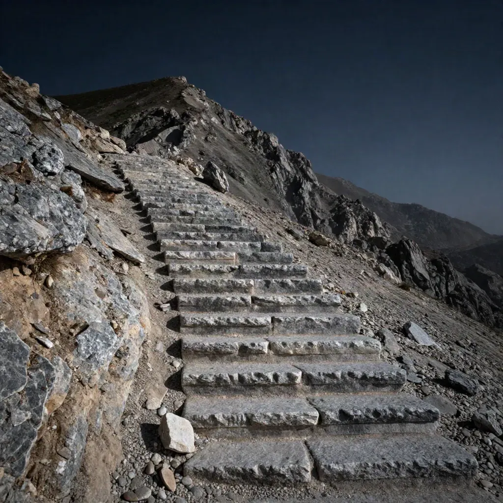 Nemrut’ta şafak öncesi taş basamaklı eski yol, rüzgârlı ve sisli bir tırmanış.
