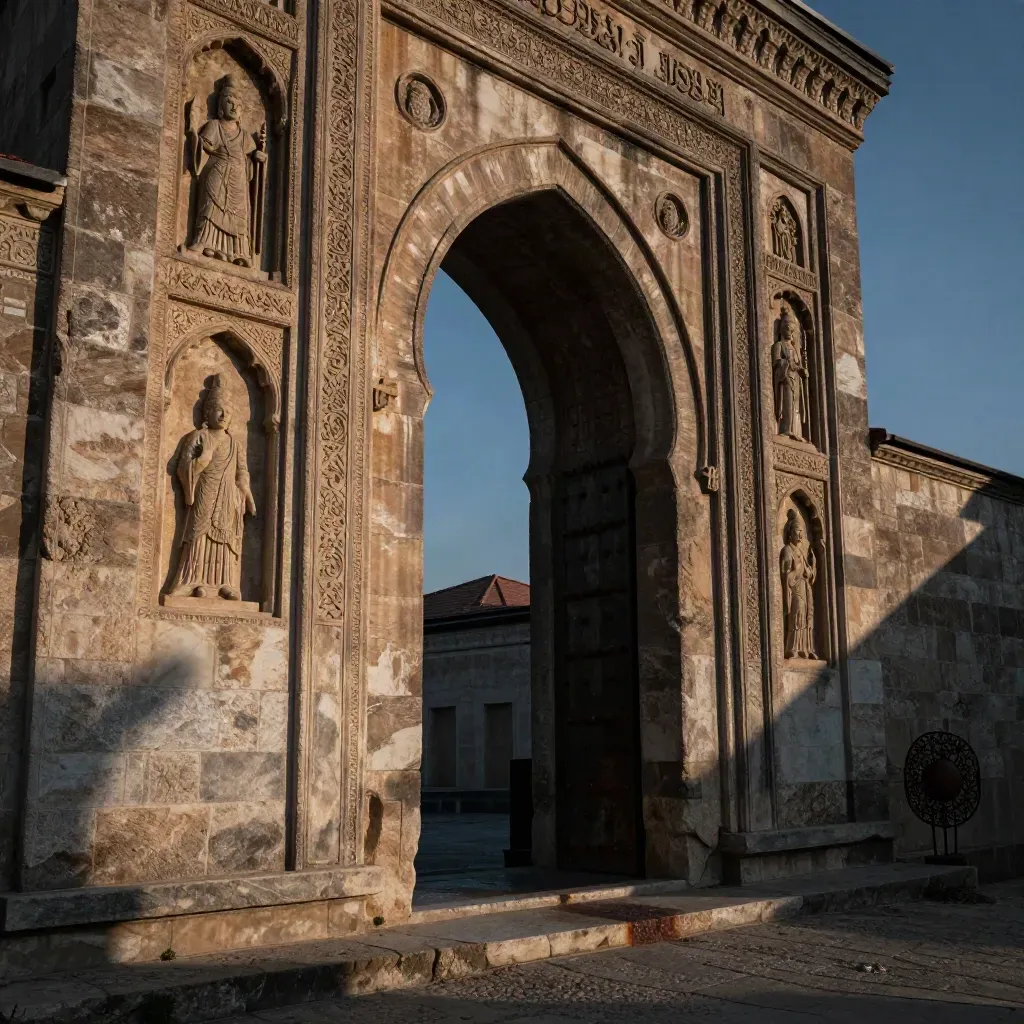 Sultanhanı Kervansarayı’nın akşam ışığındaki görkemli portalı, sert gölgelerle çapraz kadrajda