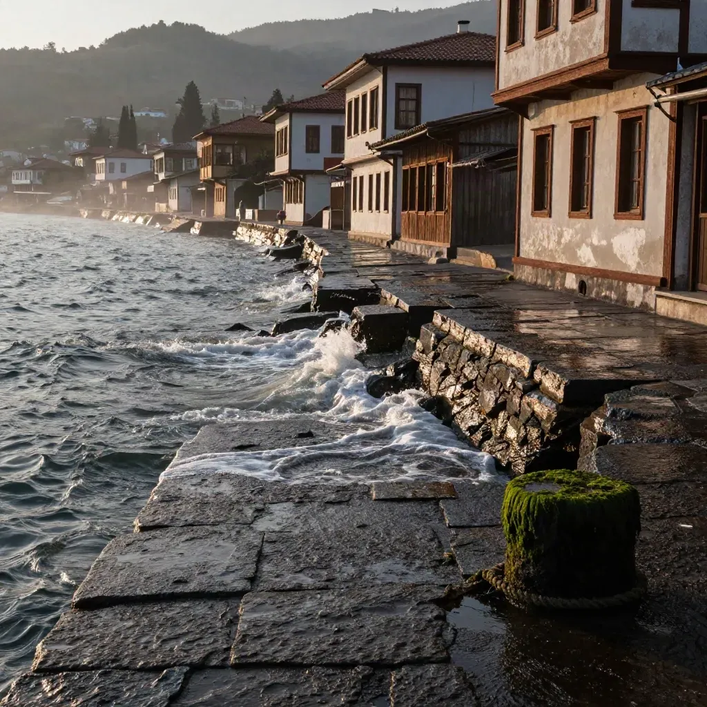 Amasra liman ağzında sabah ışığında ıslak taş rıhtım ve sahil evleri