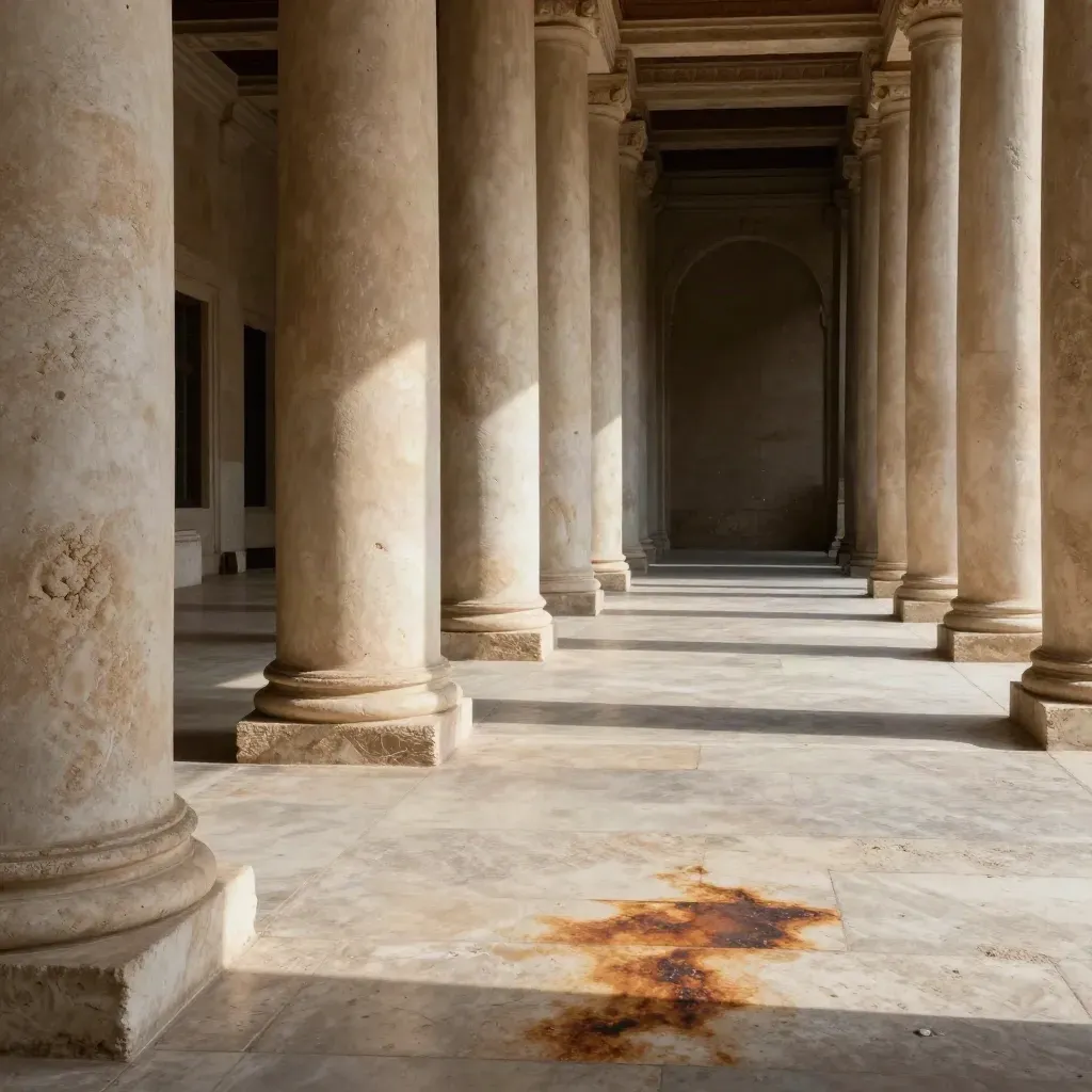 Afrodisias Avlusu'nda sütunların arasından akan gölgeler ve taş koridorun derin perspektifi.