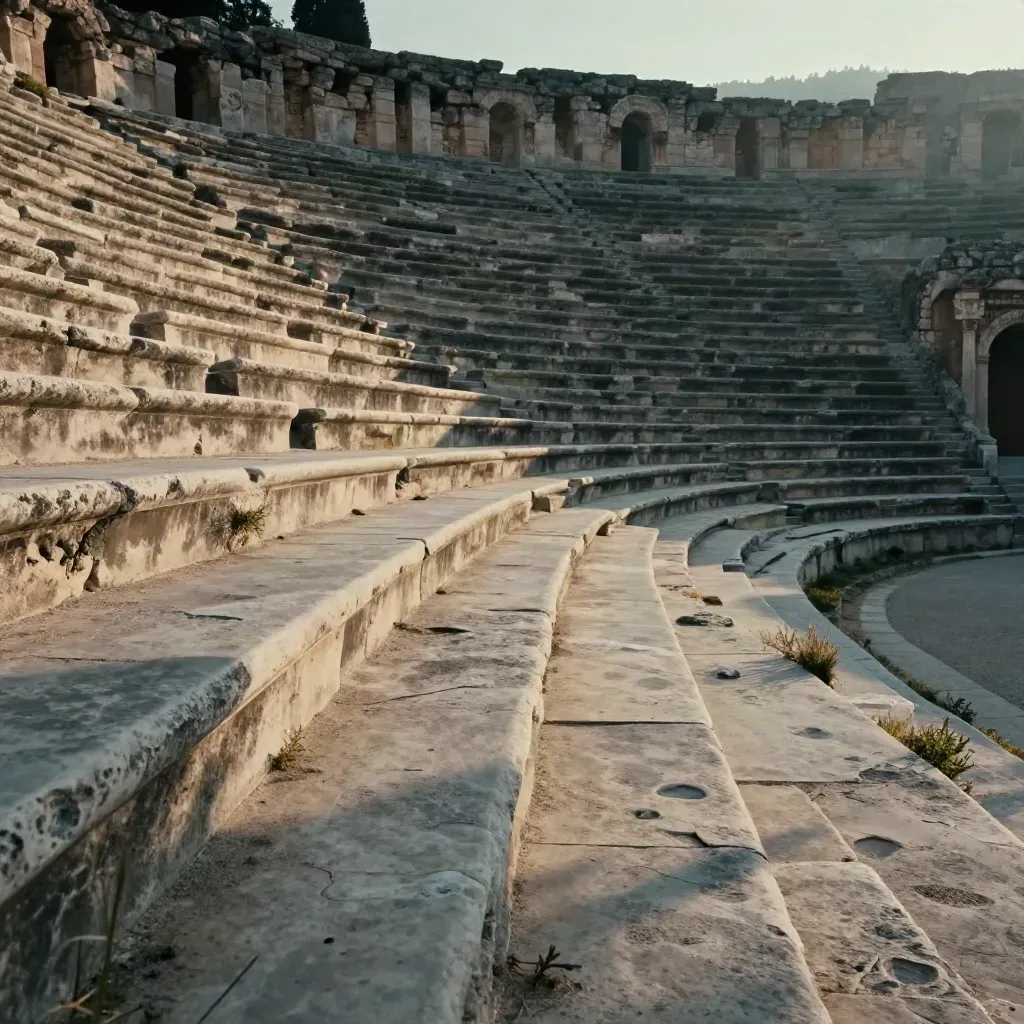 Perge tiyatrosunun sabah ışığı alan boş merdivenleri ve yol kenarı yabani otlar.
