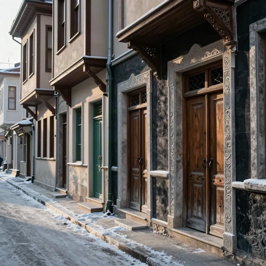 Kars’ta buzlu taş sokakta bazalt cepheler, ağır ahşap kapılar ve keskin sabah gölgeleri.