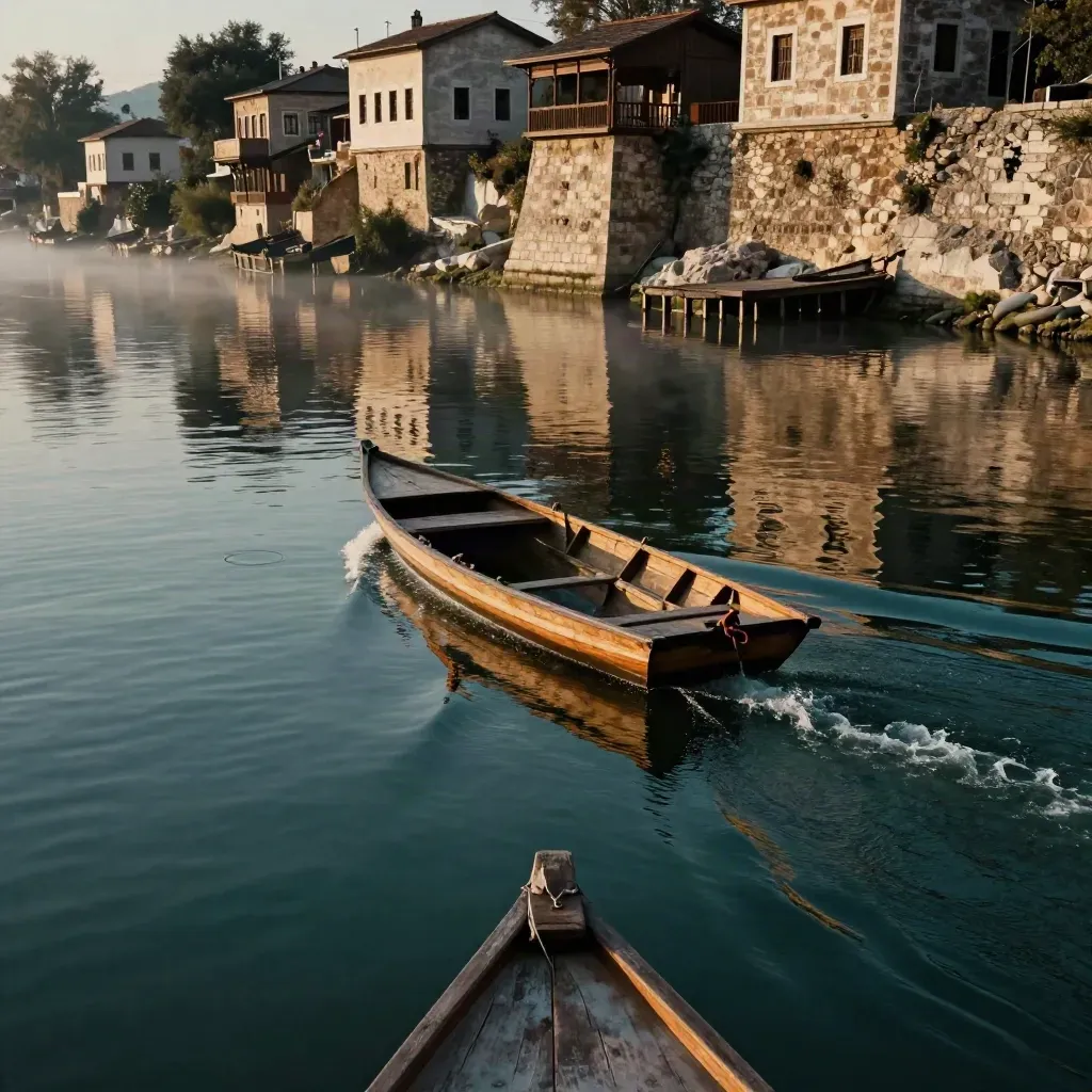 Halfeti’de sakin suda ilerleyen tekne izi, kıyı evleri ve suya gömülü eski duvar.