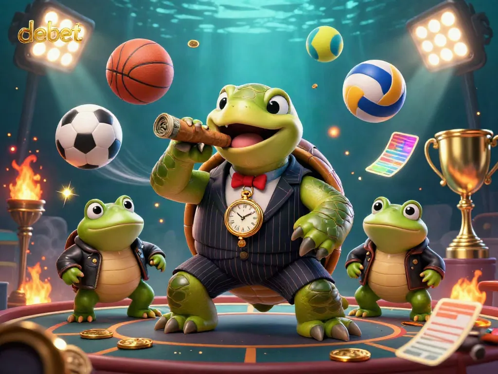 Engage in thrilling debet betting with a dynamic illustration of a snapping turtle mobster amidst flying sports elements.