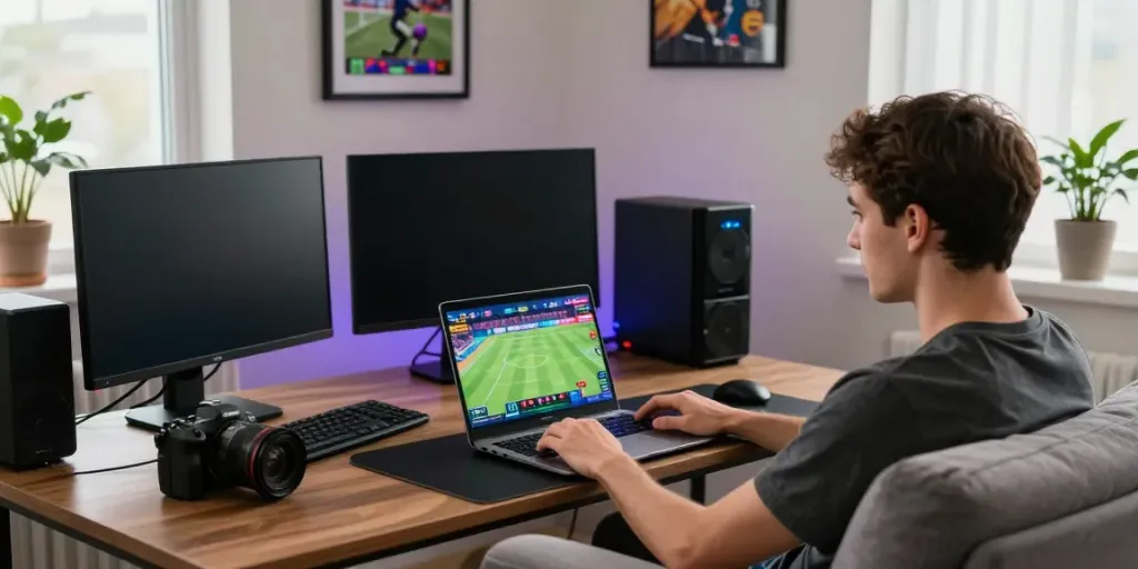 Exciting online betting atmosphere with a player using UK88 on a laptop.