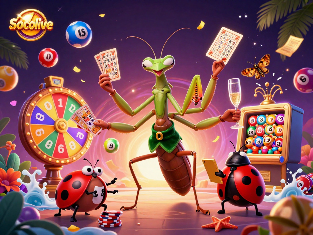 Socolive showcases a vibrant gambling scene with animated characters, casino elements, and dynamic lottery activities.